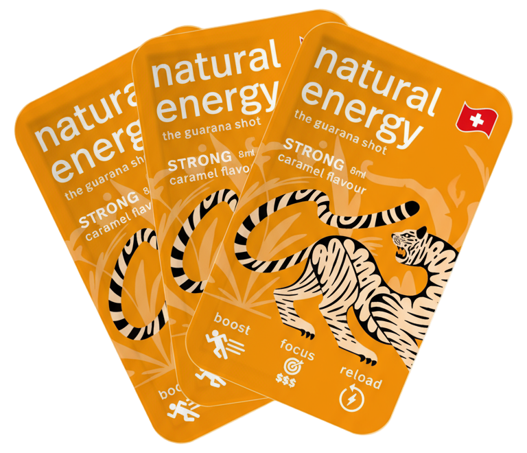 Three strong caramel 'natural energy' guarana shots packaged with a tiger illustration on an orange background.