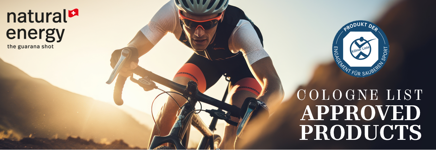 Person cycling with 'natural energy' and 'Cologne List Approved Products' text on a banner.