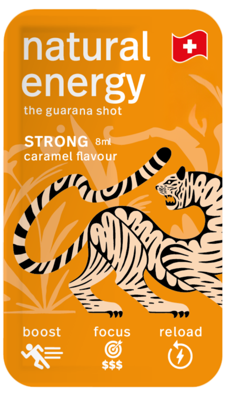 Caramel energy shot packaging with tiger illustration and text on a clear background