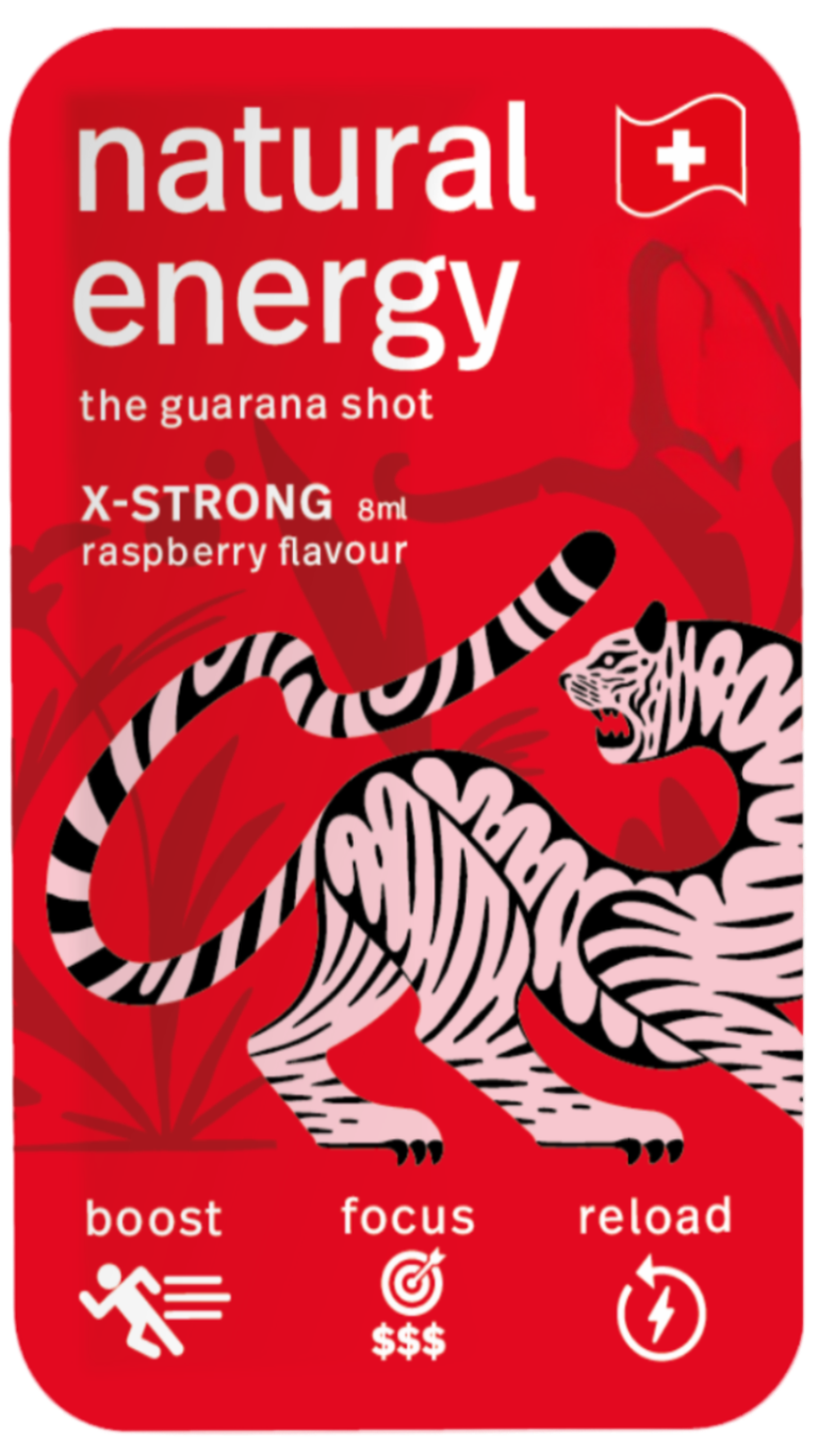 Raspberry energy shot with a tiger design on a clear background