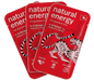 Three X Strong Raspberry packages of 'Natural Energy' guarana shots with a tiger design on a red background.
