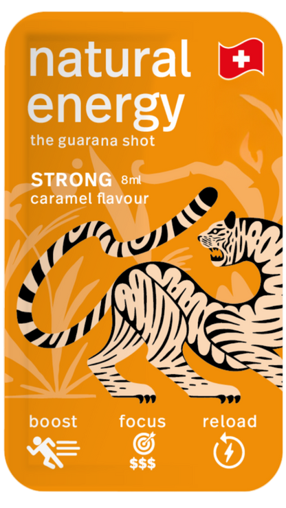 Caramel energy shot packaging with tiger illustration and text on a clear background