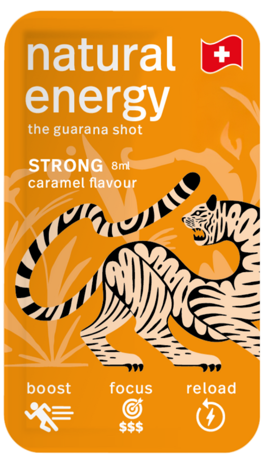 Caramel energy shot packaging with tiger illustration and text on a clear background