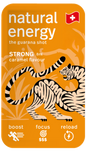 Caramel energy shot packaging with tiger illustration and text on a clear background