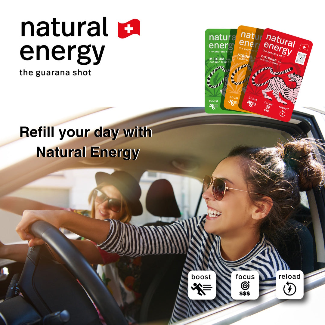 Advertisement for Natural Energy guarana shots with people in a car.