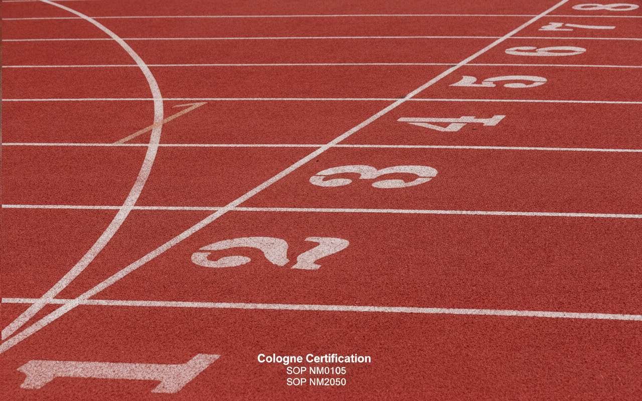 Close-up of a red running track with white numbering and text.