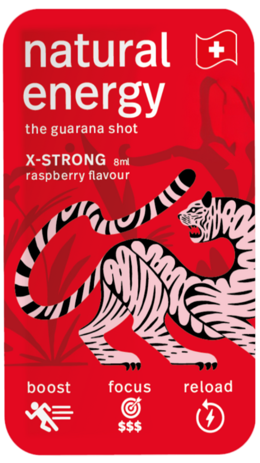 Raspberry energy shot with a tiger design on a clear background