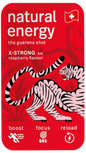 Raspberry energy shot with a tiger design on a clear background