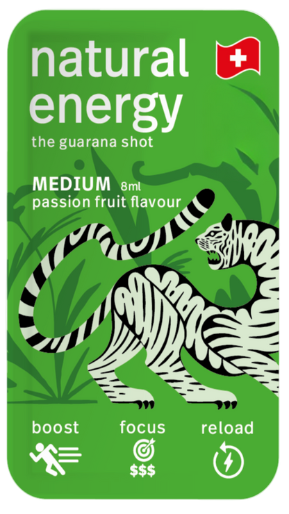Passionfruit energy shot packaging with a tiger design on a white background for natural energy today