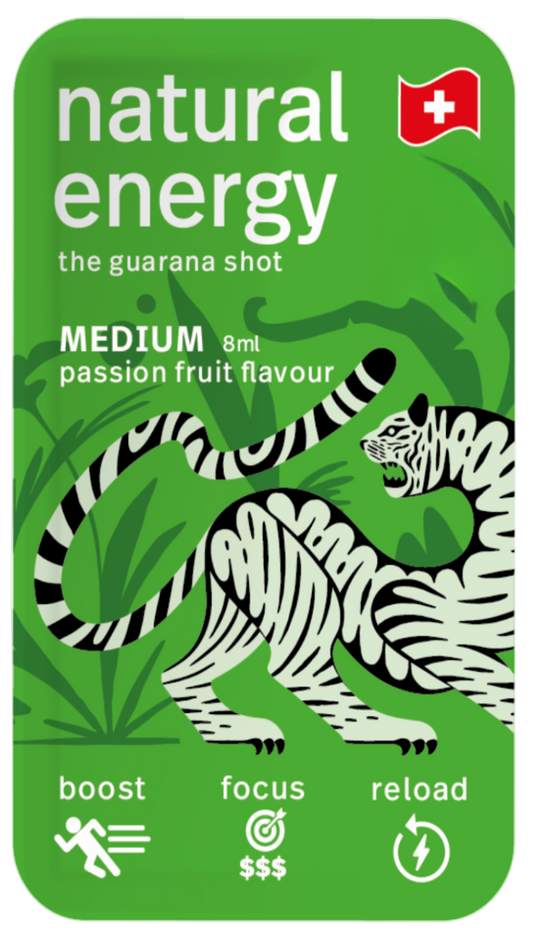 Passionfruit energy shot packaging with a tiger design on a white background for natural energy today