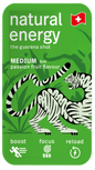 Passionfruit energy shot packaging with a tiger design on a white background for natural energy today