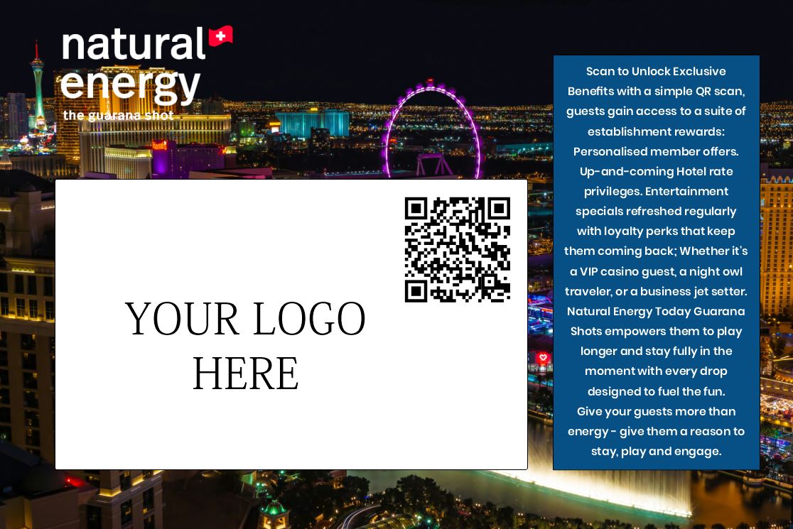 Promotional card with QR code and 'natural energy' branding against a cityscape background